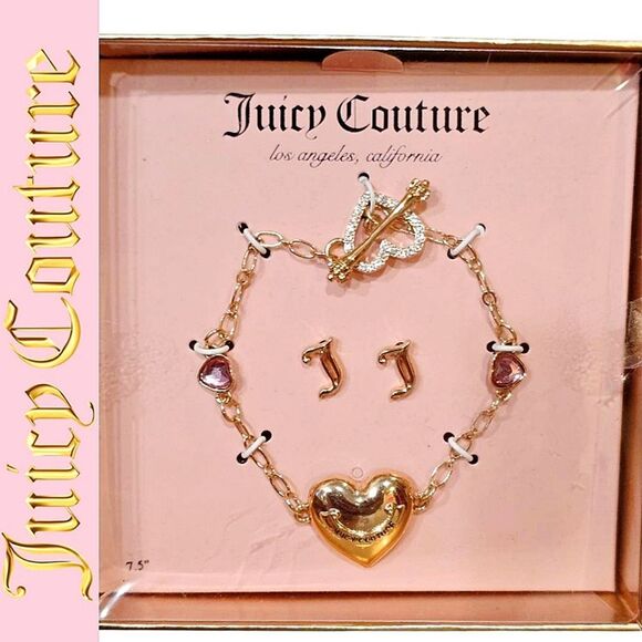 Juicy Couture Logo Heart Locket Bracelet & J Stud Earring Set - Picture 1 of 6